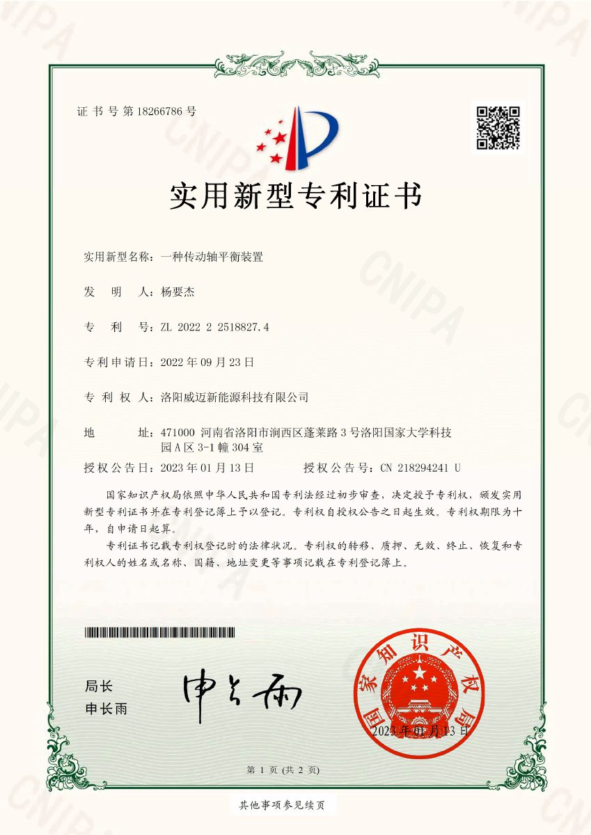 First page of patent certificate: Drive Shaft Balancing Device